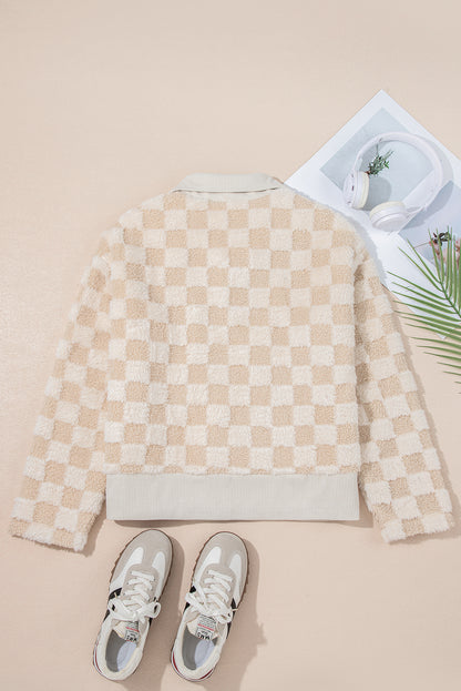 Checker Sherpa Corduroy Patchwork Zip-Up Jacket