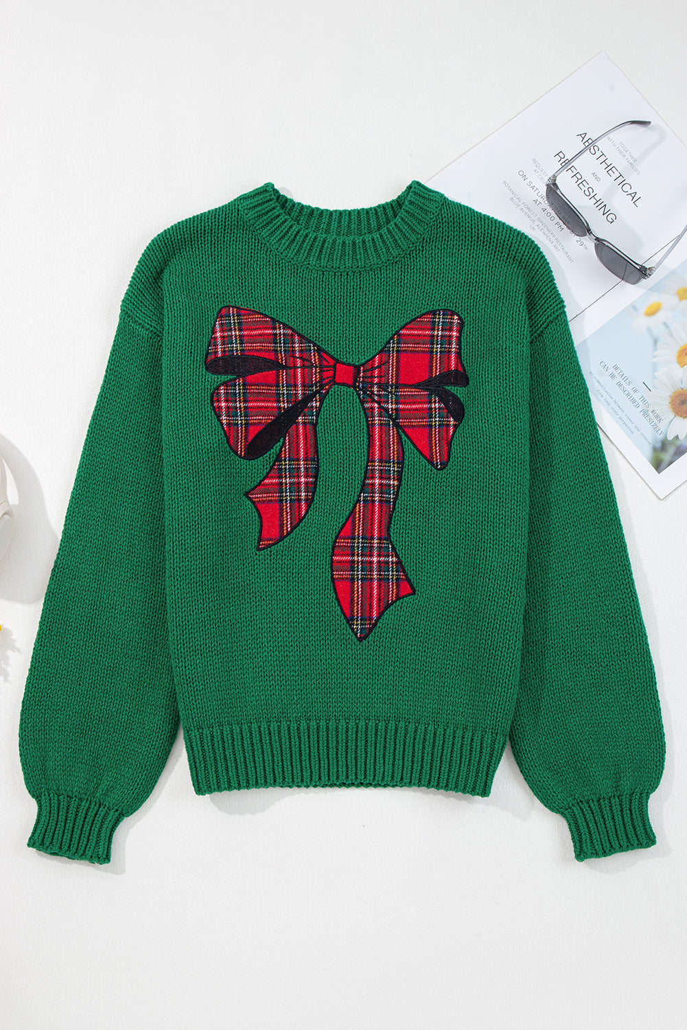 Plaid Bow Drop Shoulder Christmas Sweater