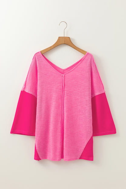 Colorblock 3/4 Sleeve V-Neck Blouse