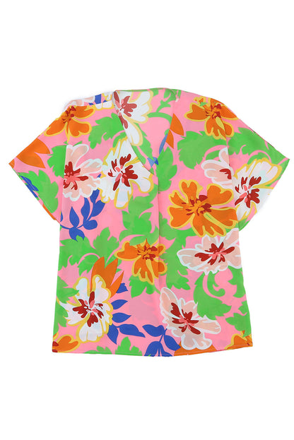 Floral Pleated V-Neck Short Sleeve Blouse