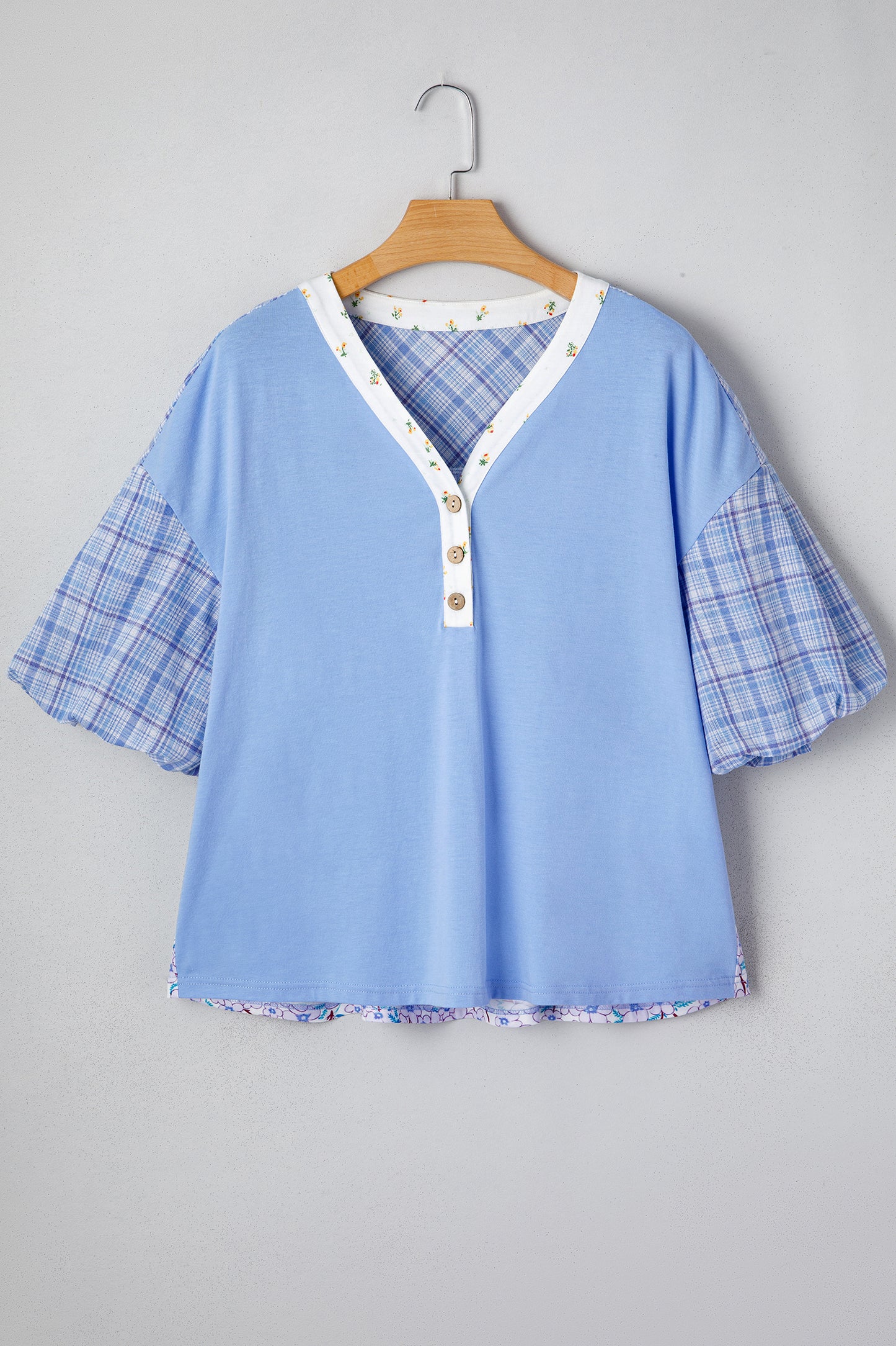 Colorblock Plaid Patchwork Bubble Sleeve Blouse