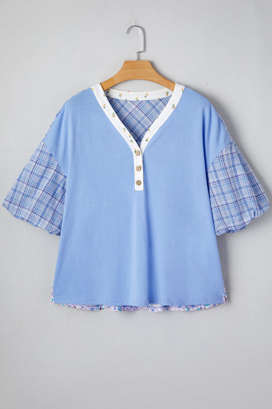 Colorblock Plaid Patchwork Bubble Sleeve Blouse
