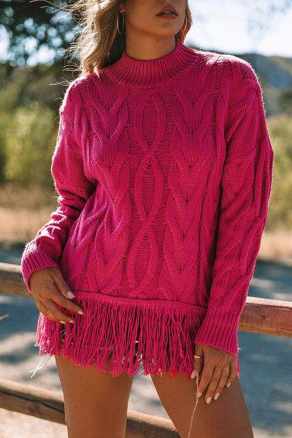 Cable Tassel Mock Neck Sweater