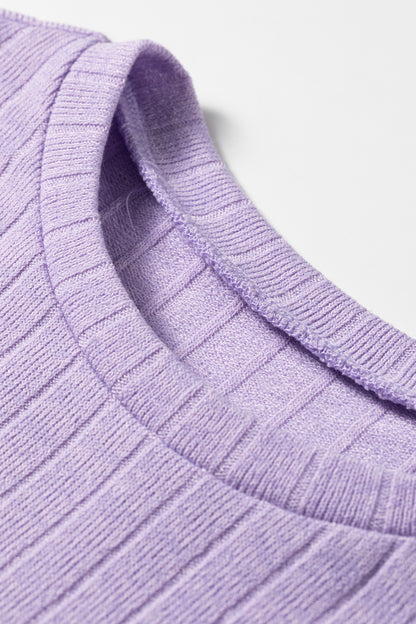 Solid Ribbed Knit Round Neck Long Sleeve Top