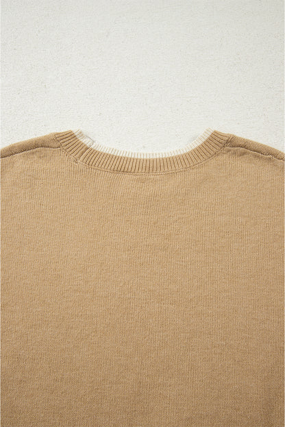 Leopard Bow Split Cuff Contrast Trim Sweater