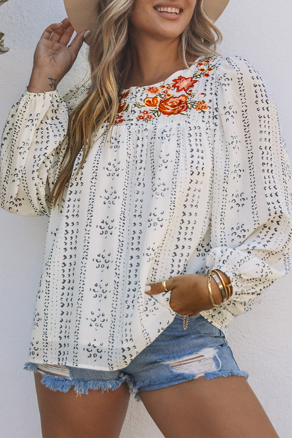 Floral Embroidered Long Sleeve Blouse