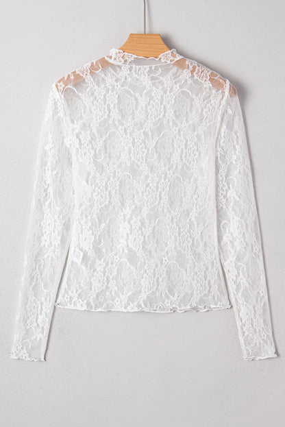Sheer Lace Mesh Mock Neck Long Sleeve Top