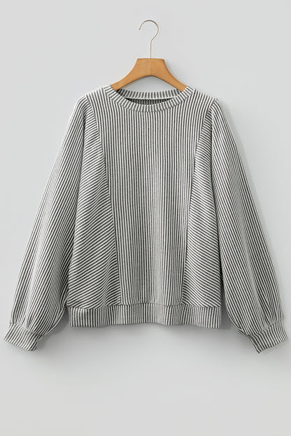 Ribbed Knit Crewneck Long Lantern Sleeve Top