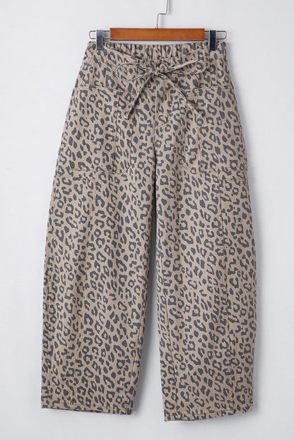 Leopard Drawstring Elastic Waist Pocketed Jeans