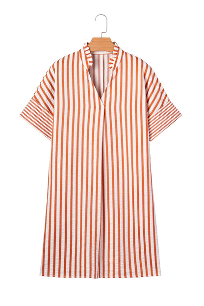 Stripe Pleated Frilled V-Neck Mini Dress