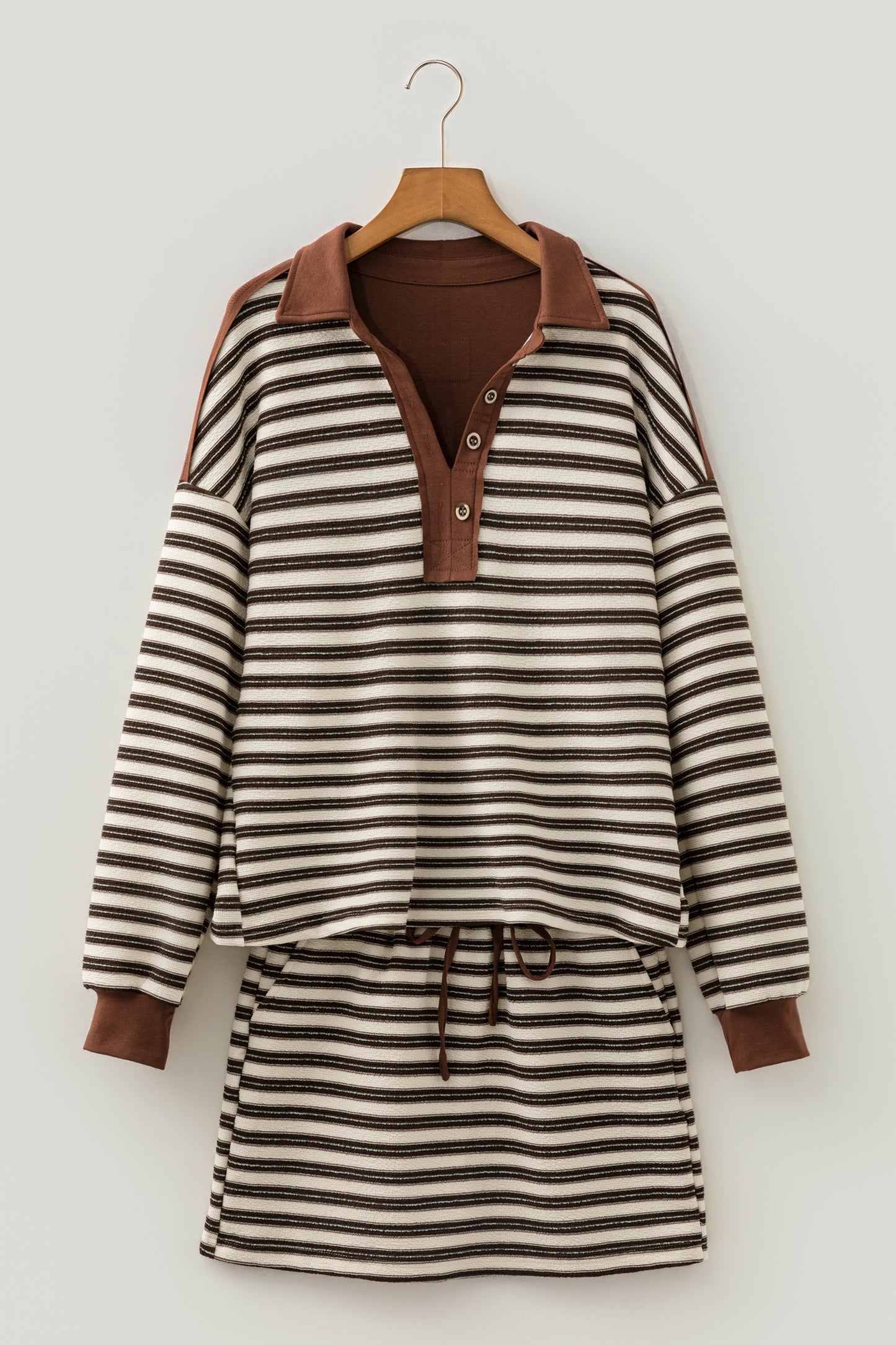 Stripe Buttoned Polo Collar Top & Mini Skirt Set