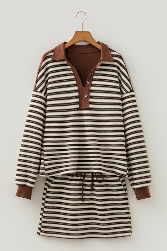Stripe Buttoned Polo Collar Top & Mini Skirt Set
