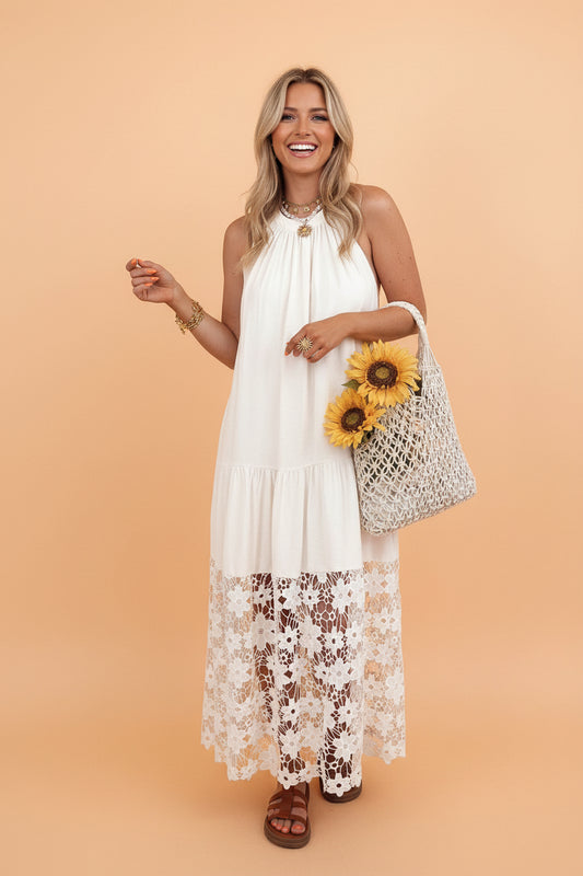 Floral Sheer Lace Patchwork Halter Maxi Dress