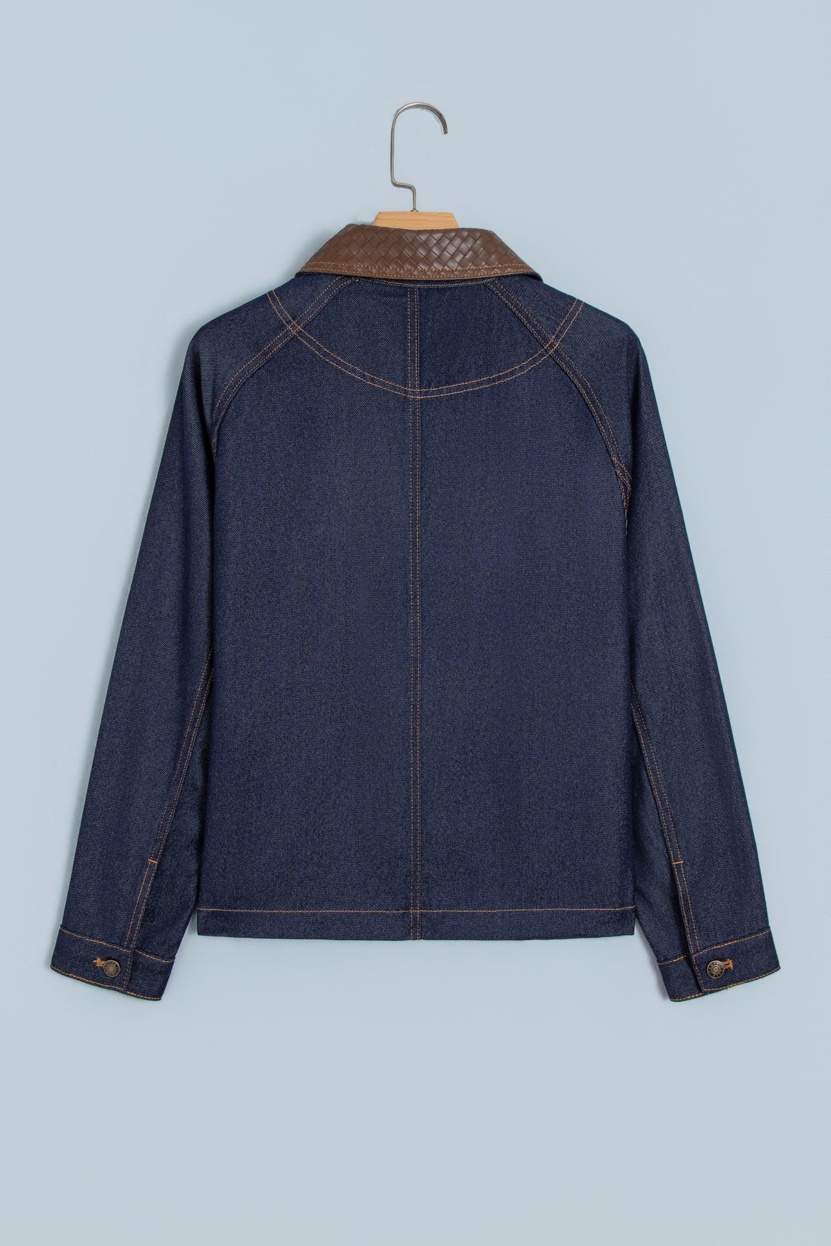 Faux Leather Contrast Collar Buttoned Denim Jacket