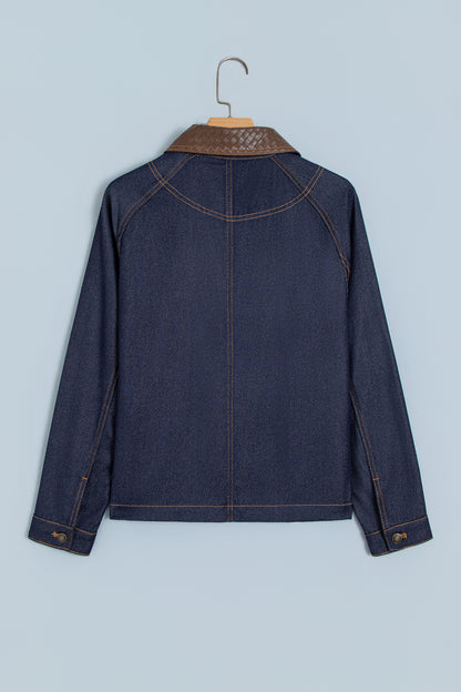 Faux Leather Contrast Collar Buttoned Denim Jacket