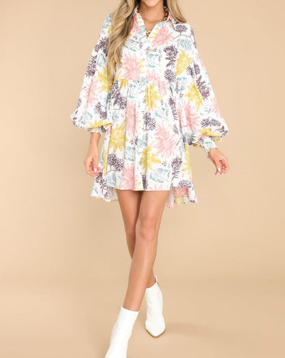 Floral Bubble Sleeve Shirt Dress