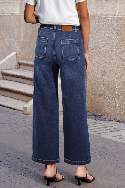 Denim High Waist Patch Pocket Straight Leg Jeans