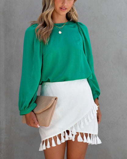 Satin Long Puff Sleeve Blouse