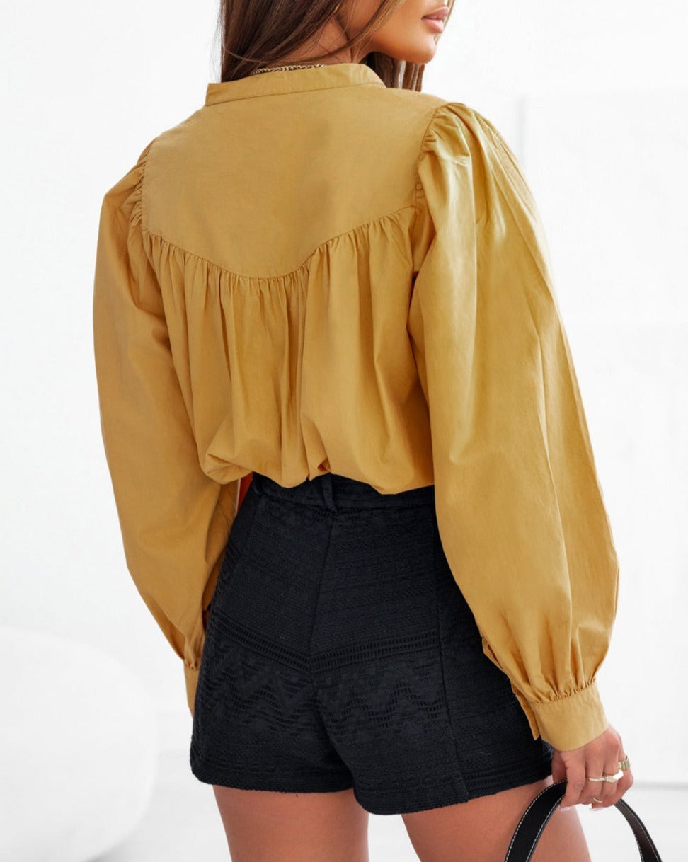 Pleated Puff Sleeve Buttoned Shirt