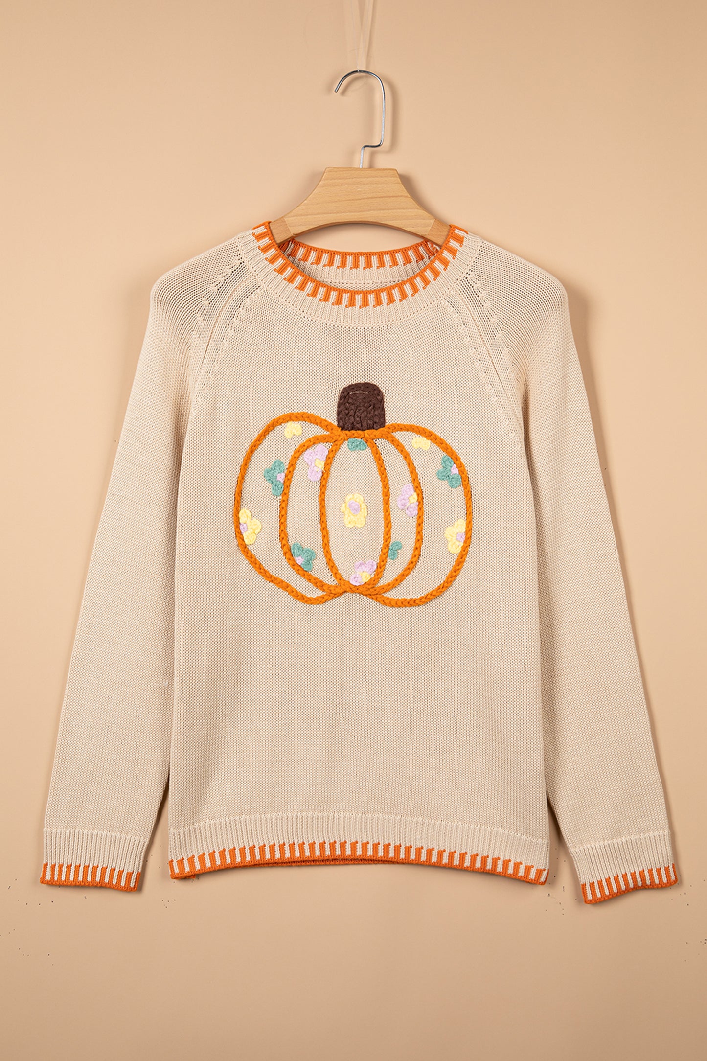 Pumpkin Floral Embroidered Round Neck Sweater