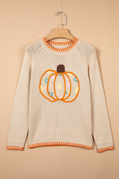 Pumpkin Floral Embroidered Round Neck Sweater
