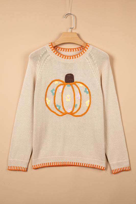 Pumpkin Floral Embroidered Round Neck Sweater