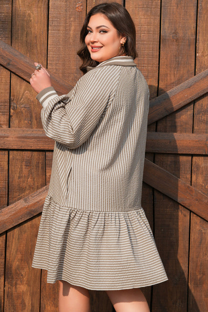 Plus Size Stripe Zip-Up Collared Mini Dress