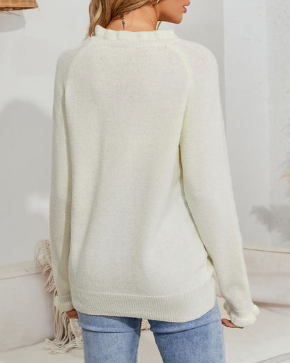 Frilled Half Buttoned Pullover Sweater