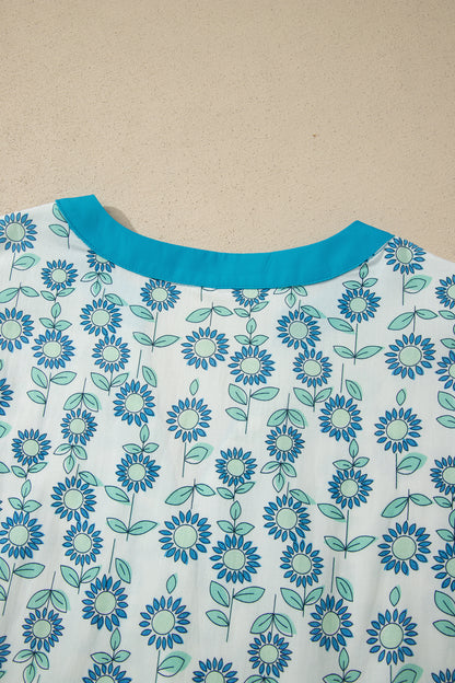 Floral Contrast Trim V-Neck Flutter Sleeve Blouse