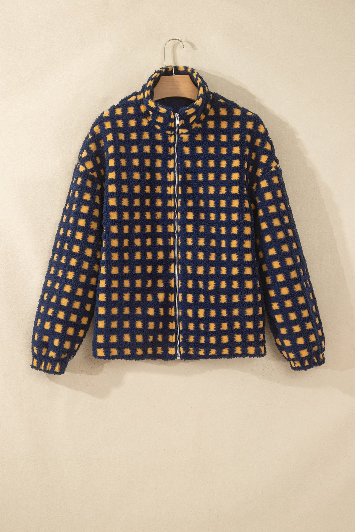 Gingham Sherpa Fleece Zip-Up Jacket