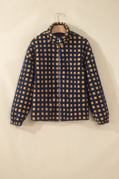 Gingham Sherpa Fleece Zip-Up Jacket