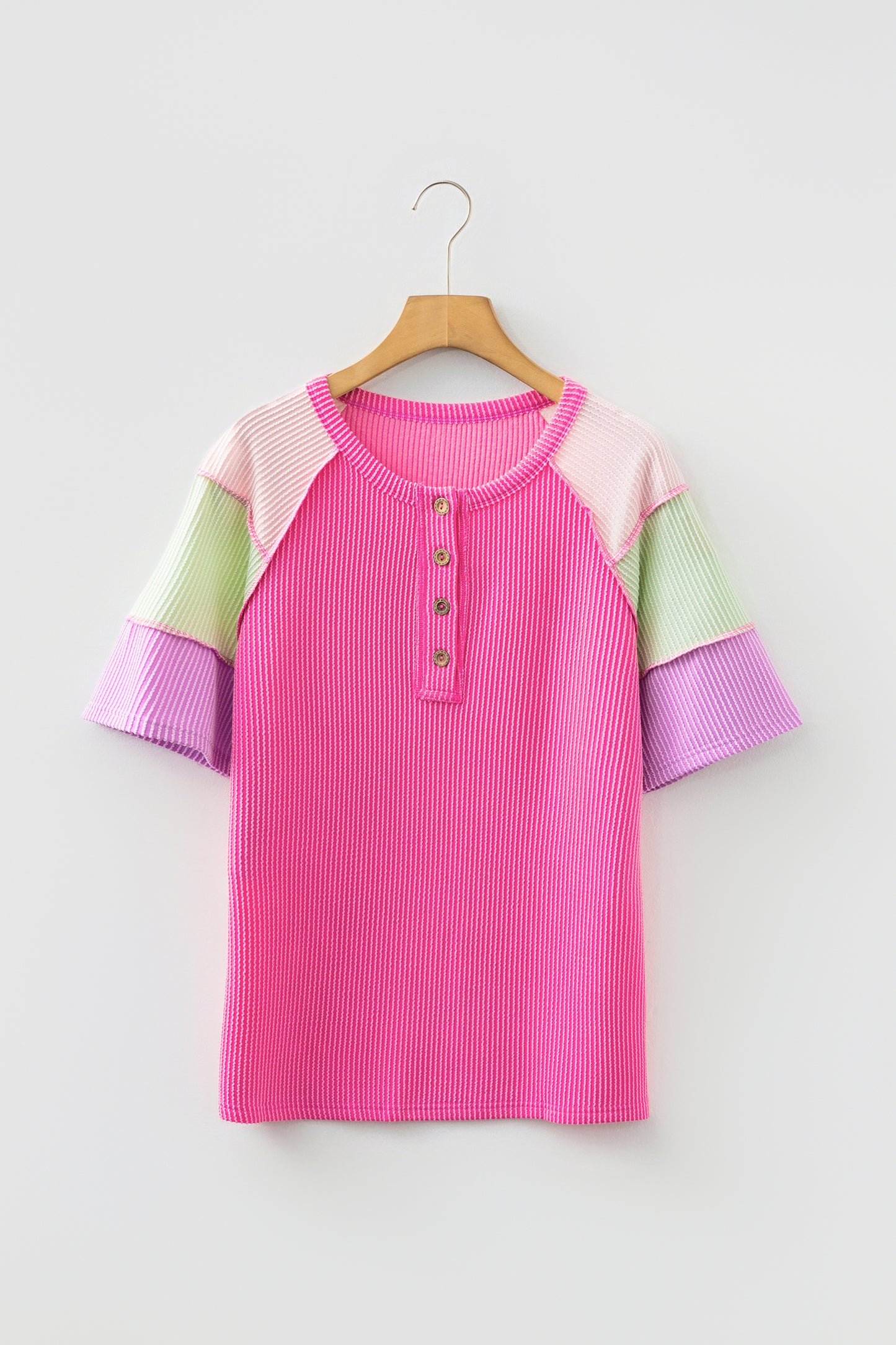 Colorblock Corded Knit Patchwork Henley Tee