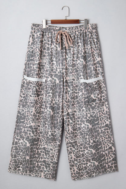 Plus Size Leopard Patch Pocket Drawstring Pants