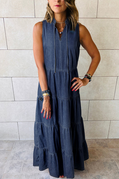 Chambray Sleeveless Tiered Maxi Dress