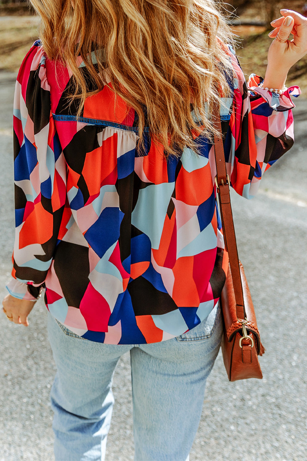 Abstract Ruffle Puff Sleeve Blouse