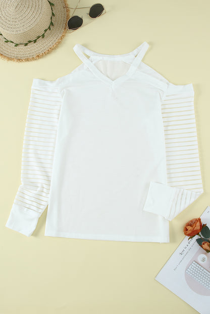 Stripe Mesh Cold Shoulder T-Shirt