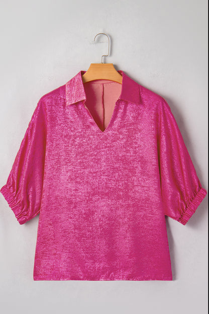 Metallic Collared V-Neck 3/4 Sleeve Top