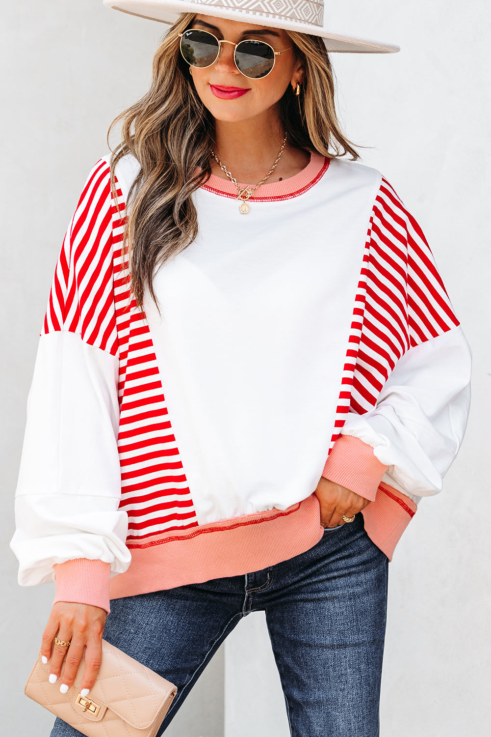 Stripe Colorblock Patchwork Contrast Stitch Sweatshirt