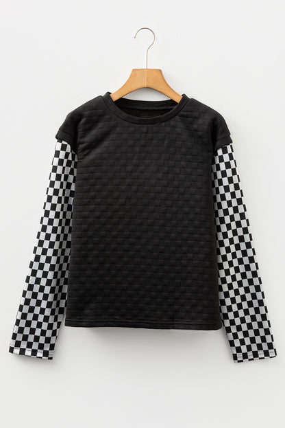 Checker Textured Patchwork Long Sleeve Top