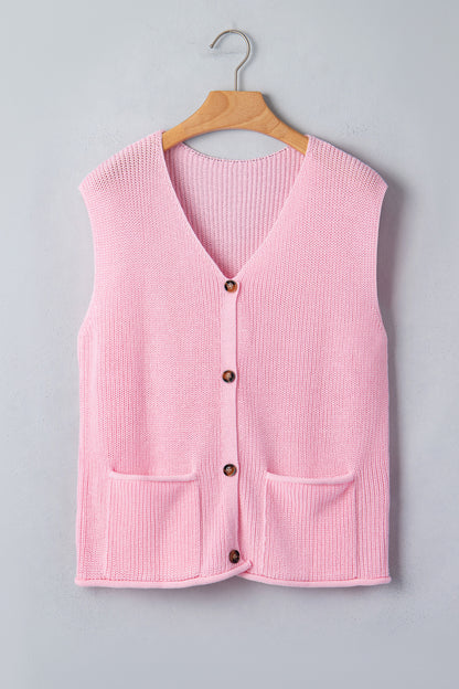 Solid Button Front V-Neck Sweater Knit Vest