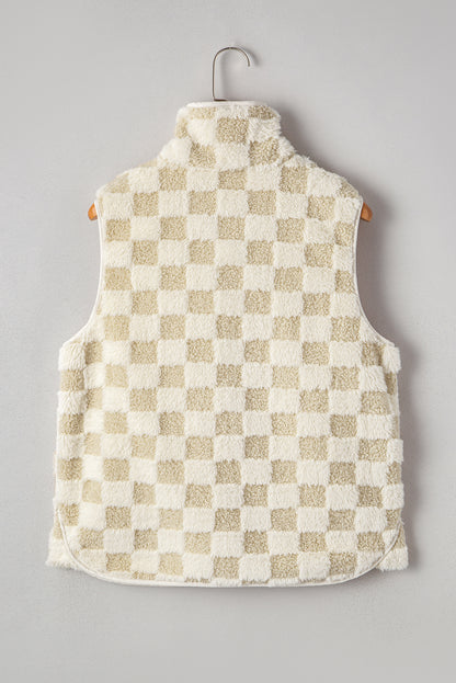 Checker Sherpa Snap Button Vest Jacket With Pockets