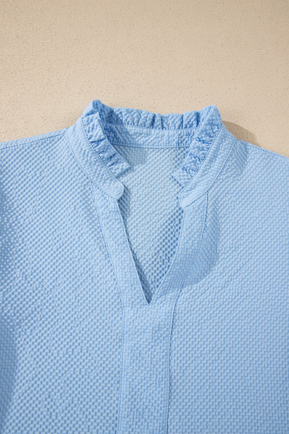 Flower Embroidered Puff Sleeve Split Neck Blouse