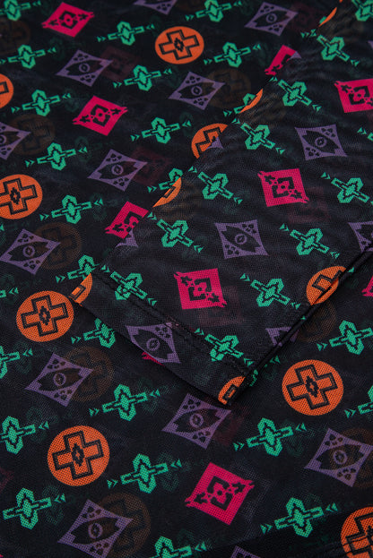 Western Aztec Mesh Long Sleeve Top