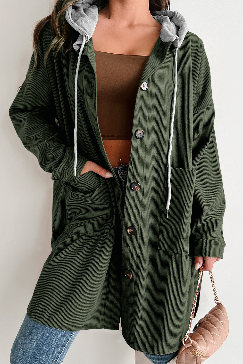 Corduroy Contrast Hood Oversized Shacket