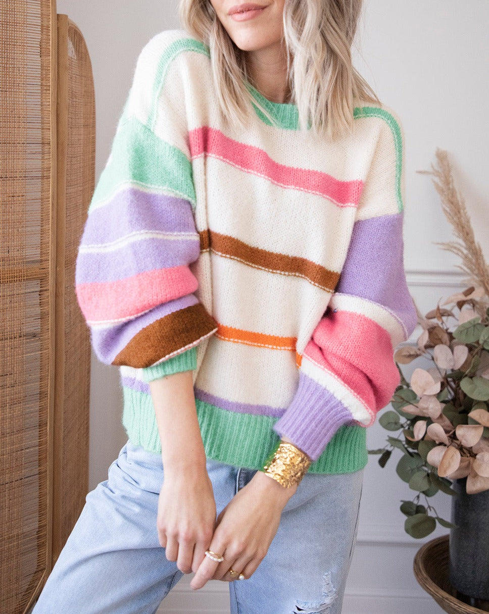 Multicolor Stripe Puff Sleeve Sweater