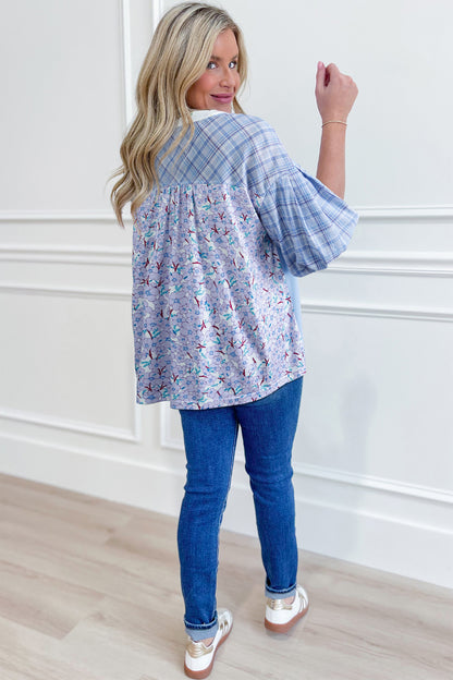 Colorblock Plaid Patchwork Bubble Sleeve Blouse