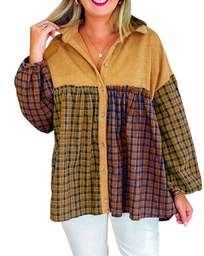 Plaid Colorblock Puff Sleeve Shirt