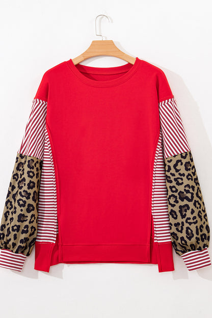 Stripe Leopard Patchwork Long Sleeve Sweatshirt