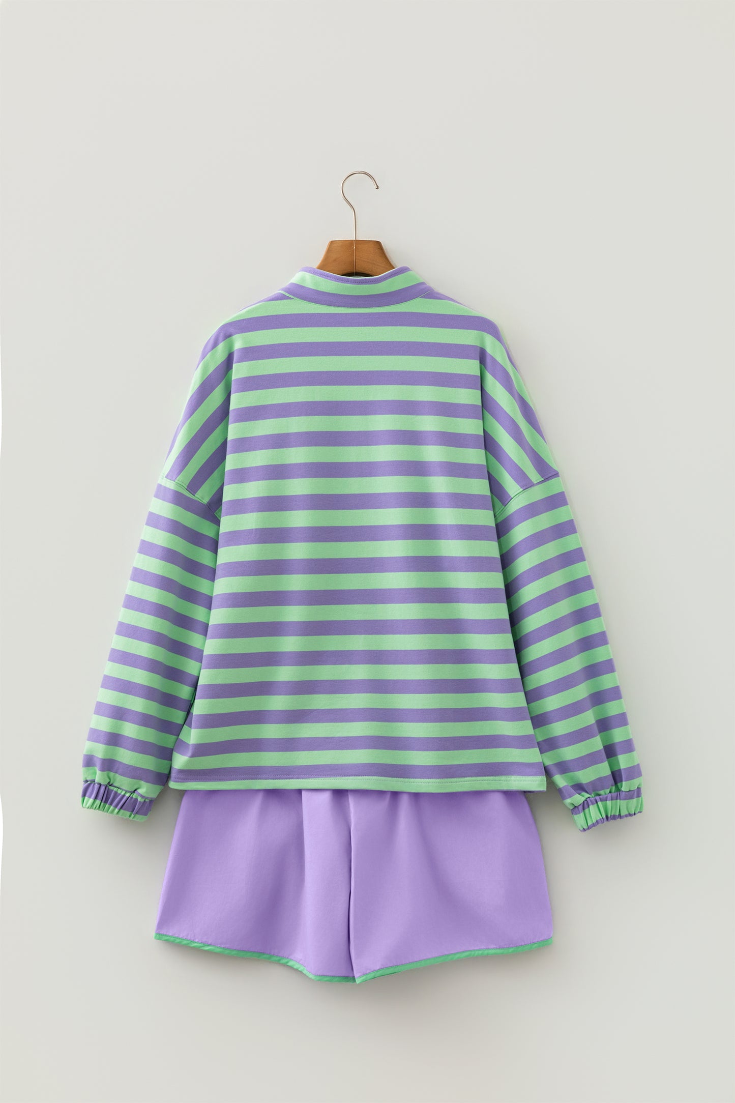 Stripe Half Button Long Sleeve Top and Shorts Set