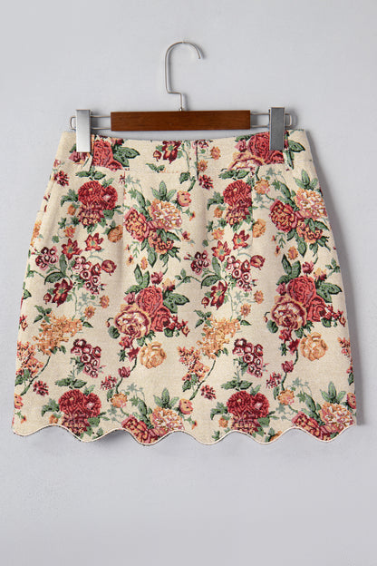 Floral Scallop Hem Button Front Mini Skirt